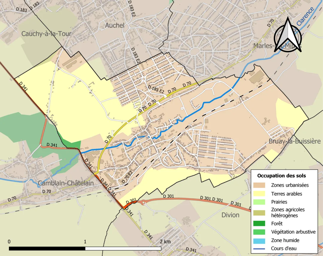 Carte des infrastructures et de l’occupation des sols en 2018 de la commune de fr:Calonne-Ricouart (France).