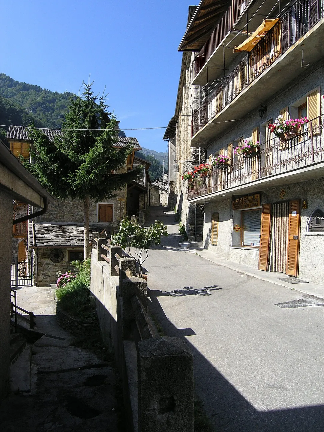 Central street of frazione Campomolino, capital of Castelmagno (Italy)