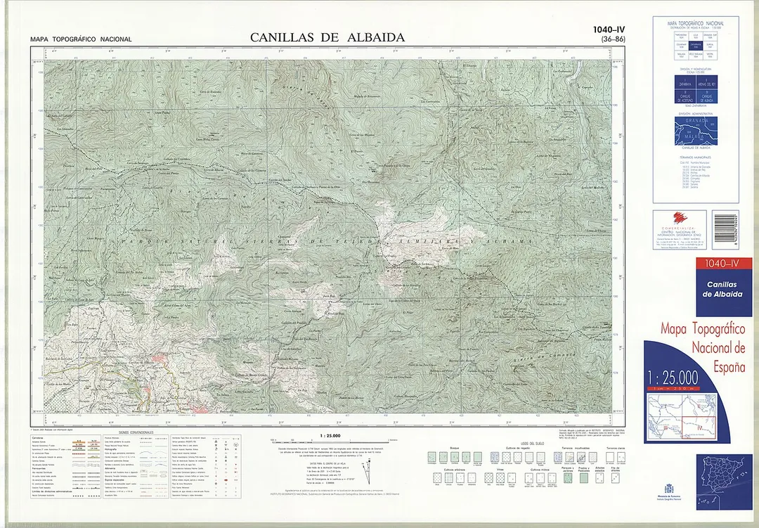 Fragment 1040c4 of the National Topographic Map of Spain in 2001 at a scale of 1:25000 printed and scanned with a resolution of 250 ppi. It shows Canillas de Albaida.