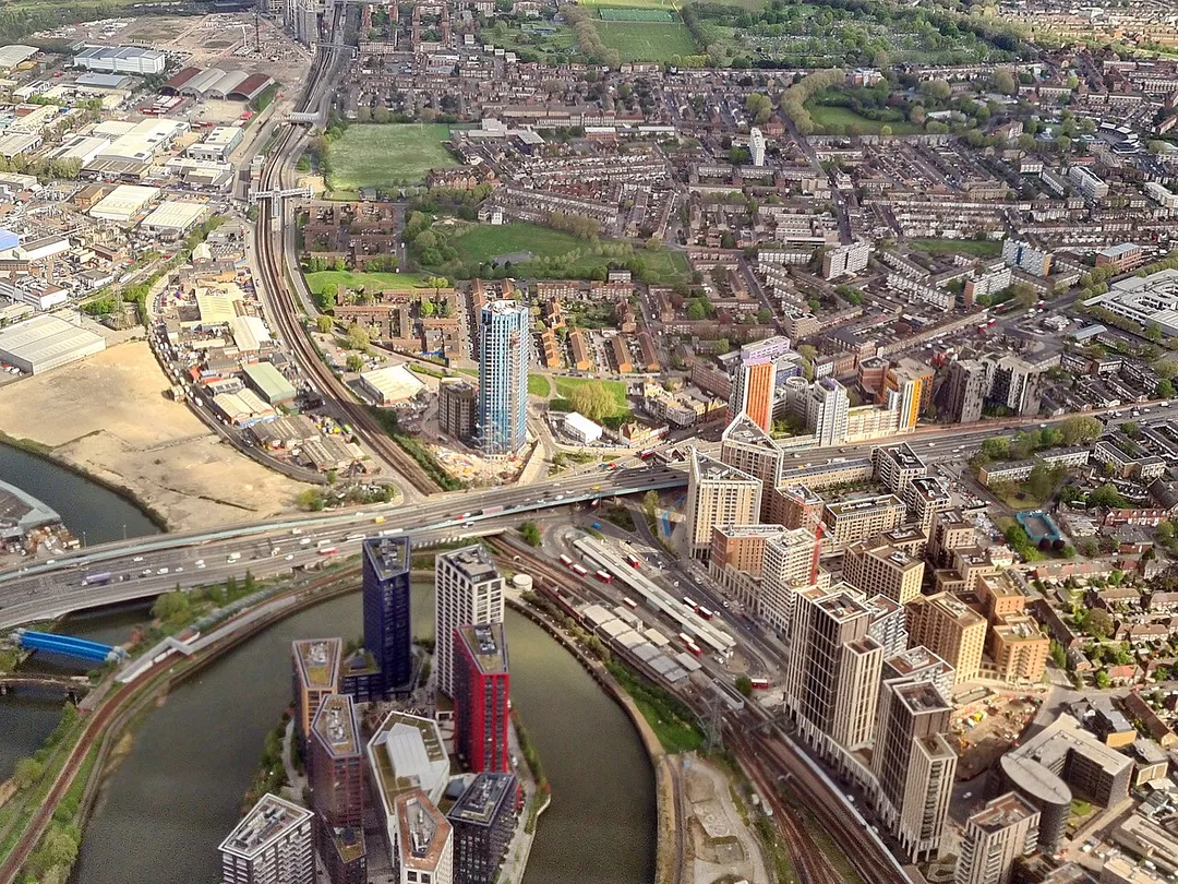 Aerial view of parts of East London, shortly after take-off from London City Airport. Here the area around Canning Town in the borough of Newham.