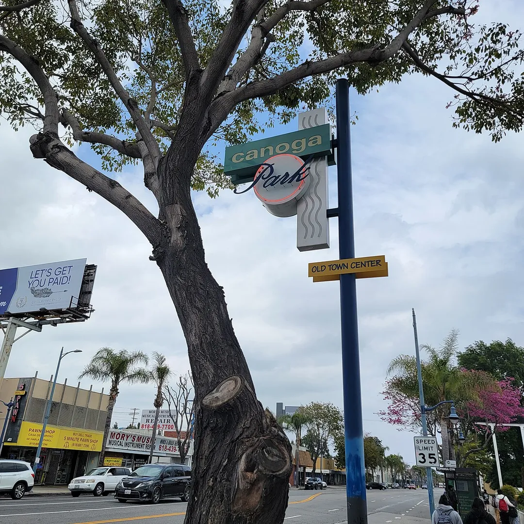 When Canoga Park was still named Owensmouth, Sherman Way was built as a highway to connect it to Hollywood. This sign commemorates that history by labelling the area of Canoga Park next to Sherman Way as the "Old Town Center".
