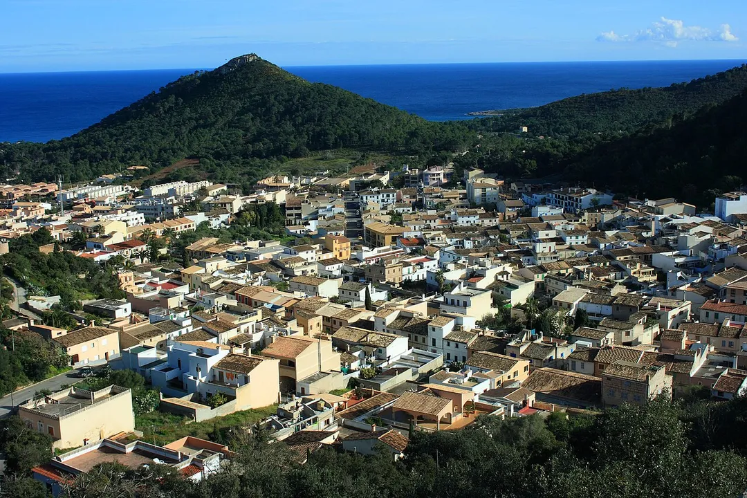 View from the Castell de Capdepera to south-east of Capdepera and the Puig Saguer, Mallorca, Spain