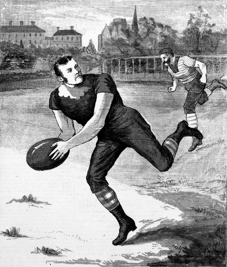 Sketch of a football match between Carlton and Geelong, showing Carlton's George Coulthard running with the ball; published in the Australian Pictorial Weekly; wood engraving; 22 x 19cm