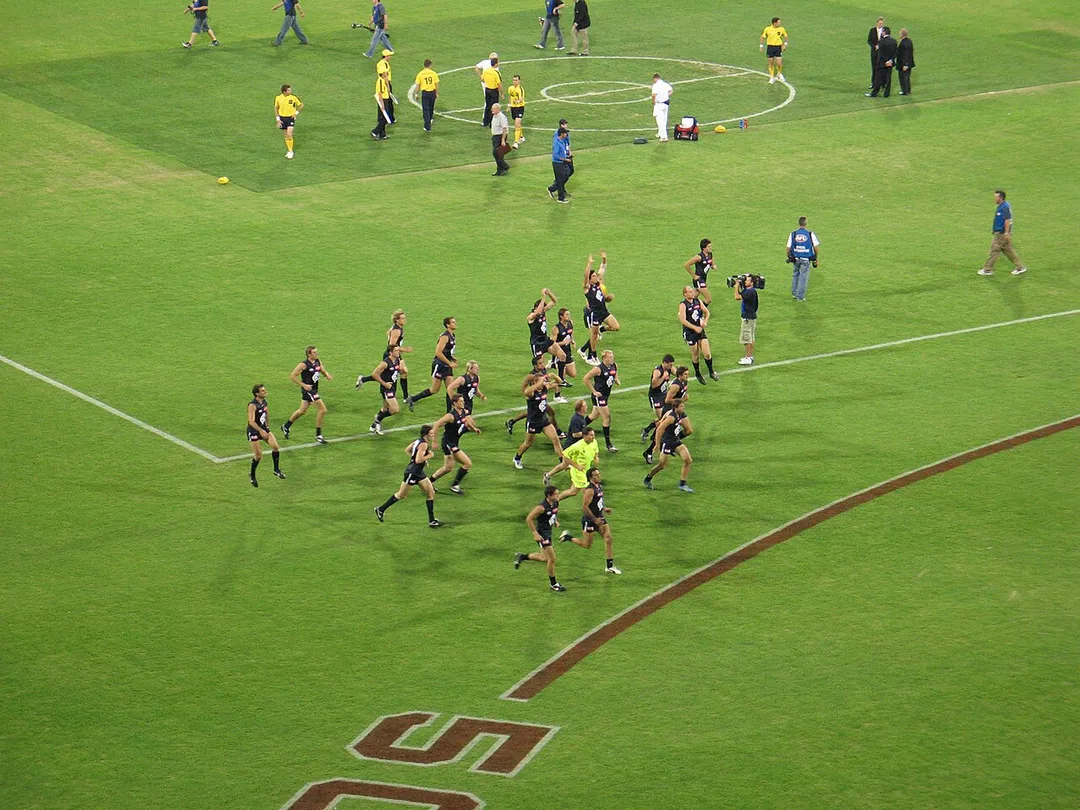 Carlton| players during warmup before the match against Essendon| at the MCG| in Round 2, 2005| on April 1, 2005. Photo taken by User:Celticshk.
