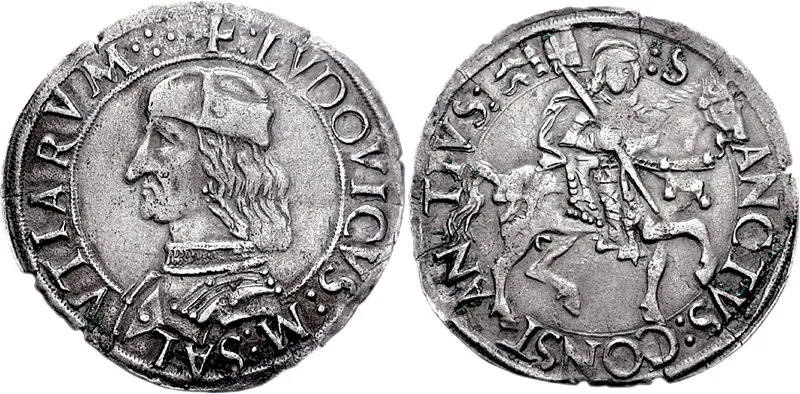 Italy, Carmagnola. Lodovico II di Saluzzo. 1475-1504. 

AR Cavallotto (2.86 g, 11h).
Armored bust left, wearing berretto
St. Constantius on horseback right, holding banner.
Cf. CNI II 60/43 (for obv./rev. type); Biaggi 566.
Good VF, toned, hairline flan crack.