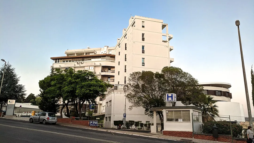 Front facade of the Santa Cruz Hospital in Carnaxide, Oeiras, Portugal