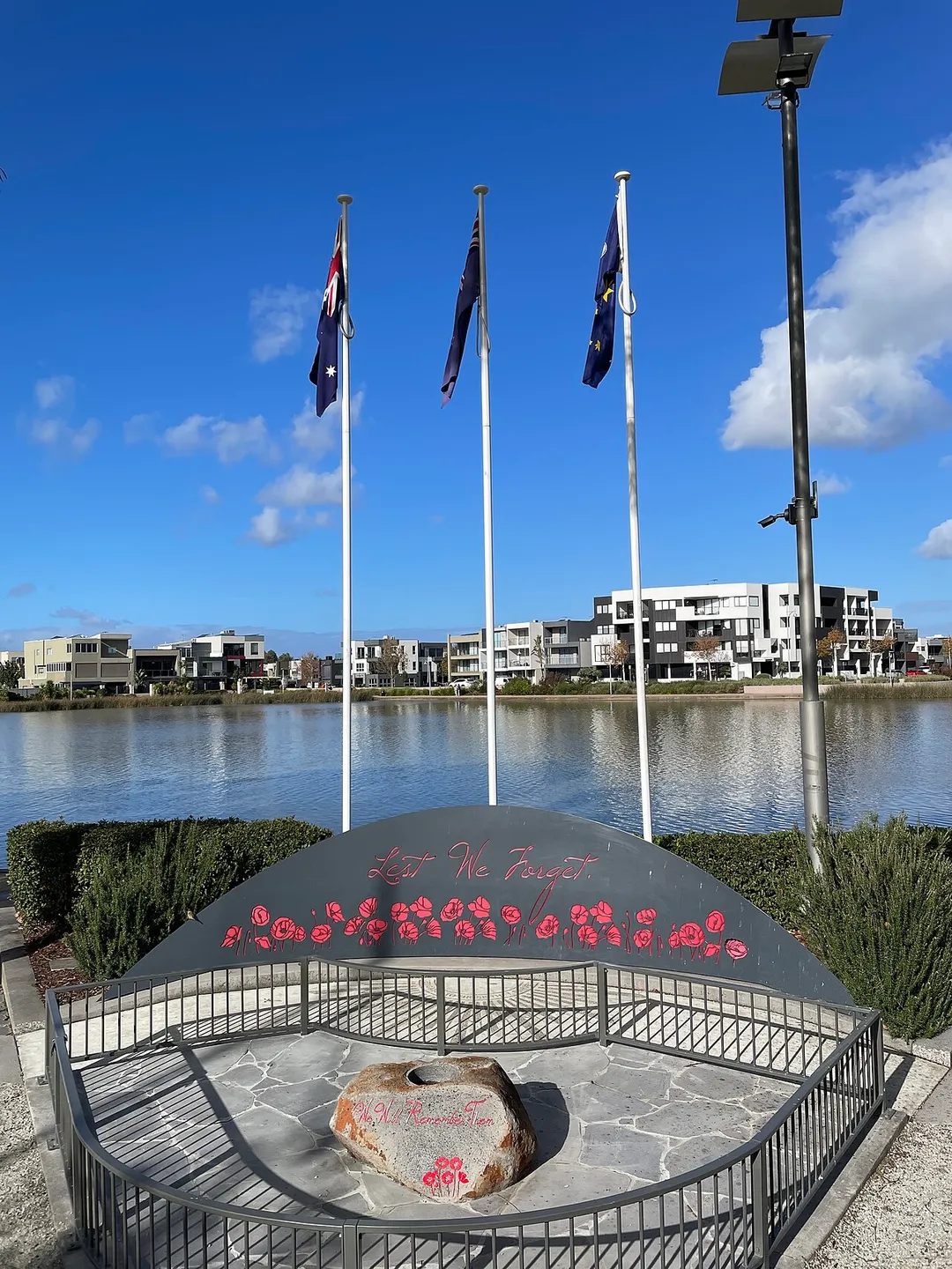 Lest we forget memorial beside Lake Caroline, in Caroline Springs Melbourne, Australia dedicated Sunday 11th August, 2019. Developed by Melton Council in conjunction with the Caroline Springs RSL sub-branch