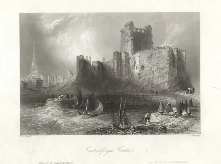 CARRICKFERGUS CASTLE,  ANTRIM, IRELAND
Total size approx 20 x 27 cm  Engraver: J.C.Armytage

Drawn by: W.H.Bartlett  Published by: James S. Virtue circa 1840 for The Scenery and Antiquities of Ireland, by N.P.Willis and J.Stirling Coyne illustrated by W.H.Bartlett, Thomas Allom and others