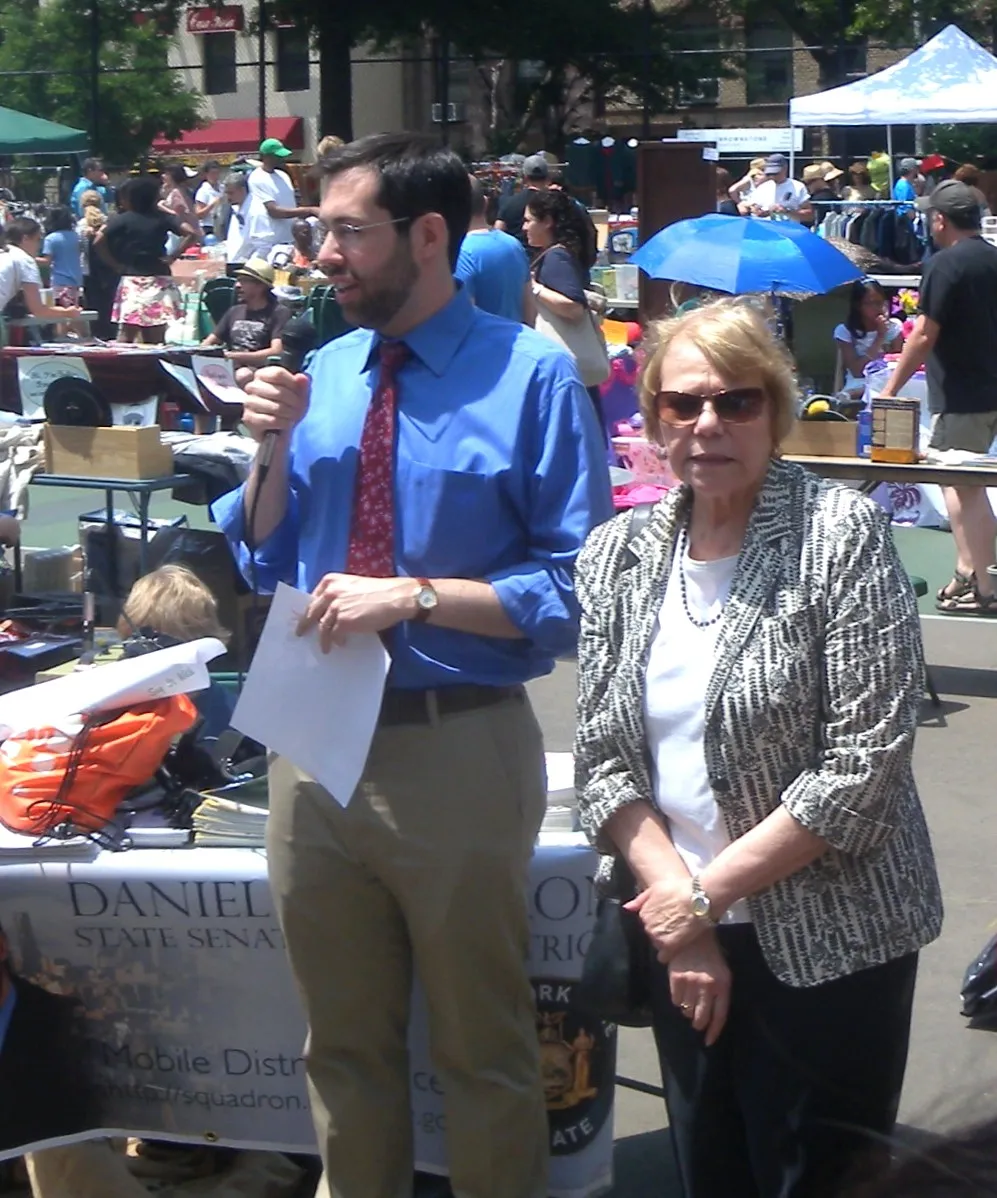 Looking west at Daniel Squadron and Assemblywoman Millman in Carroll Park on a sunny early afternoon.