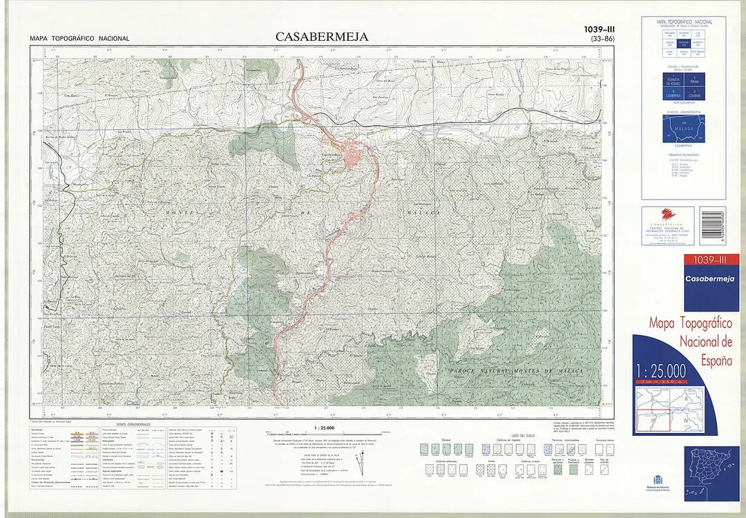 Fragment 1039c3 of the National Topographic Map of Spain in 2001 at a scale of 1:25000 printed and scanned with a resolution of 250 ppi. It shows Casabermeja.