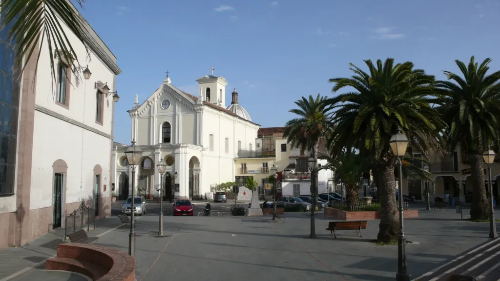 central place of Castel Volturno, Caserta, Campania, Italy with town hall (municipio) and church (La Chiesa dell'Annunziata: church of annunciation)