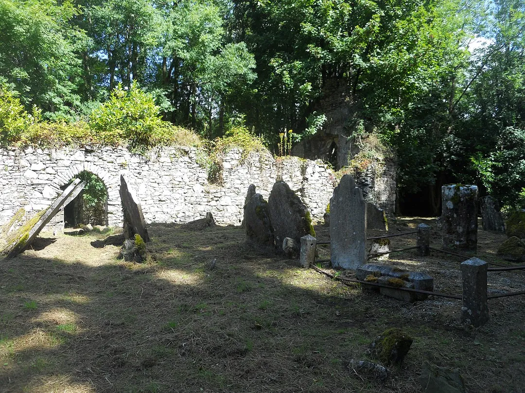 The ruins of Ballyoughtera Church (built 1549, destroyed 1641) on the grounds of Castlemartyr House, Imokilly, Cork, Ireland.