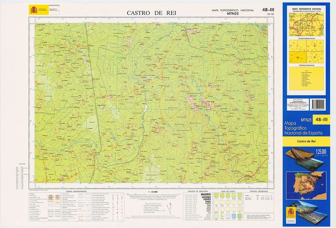 Fragment 0048c3 of the National Topographic Map of Spain in 2005 at a scale of 1:25000 printed and scanned with a resolution of 250 ppi. It shows Castro de Rei.
