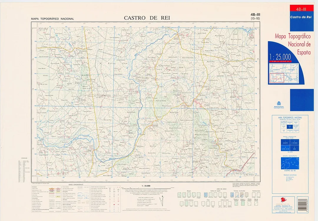 Fragment 0048c3 of the National Topographic Map of Spain in 1997 at a scale of 1:25000 printed and scanned with a resolution of 250 ppi. It shows Castro de Rei.