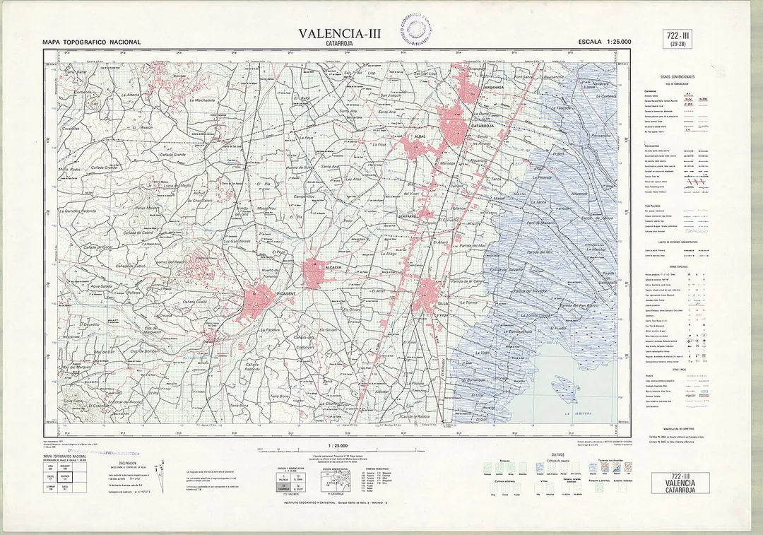Fragment 0722c3 of the National Topographic Map of Spain in 1976 at a scale of 1:25000 printed and scanned with a resolution of 250 ppi. It shows Valencia-III (Catarroja).