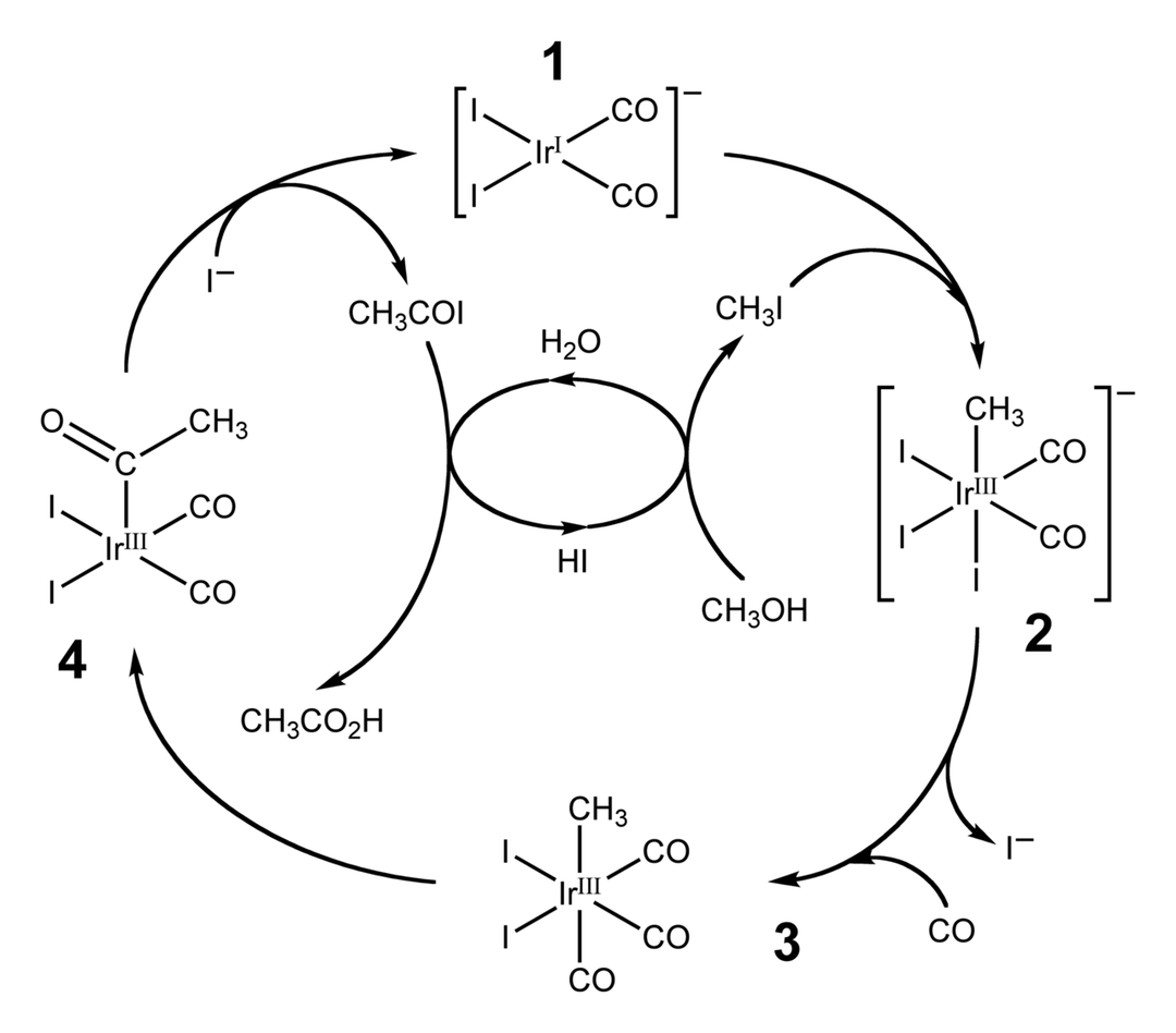 Catalytic cycle of the Cativa process for the production of acetic acid from methanol and carbon monoxide.

Based on a diagram in Platinum Metals Rev. (2000) 44, 94-105.