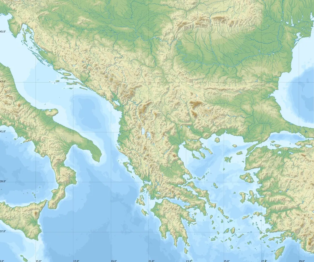 Geographic/physical location map of Balkan Peninsula. Geographic limits of the map:
N: 46°18'N
S: 35°48'N
W: 13°6'E
E: 29°48'E
Equidistant Cylindrical projection; WGS 84 datum