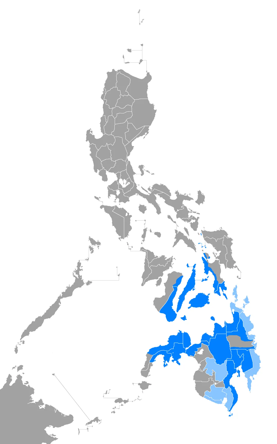 Map showing the distribution of Cebuano. Dark blue areas are areas where Cebuano is spoken by a majority (>50%), and the light blue are areas where Cebuano is spoken by 25%–49%.