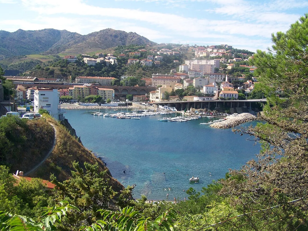 View on the city and beach of Cerbère in Pyrénées-Orientales, France.