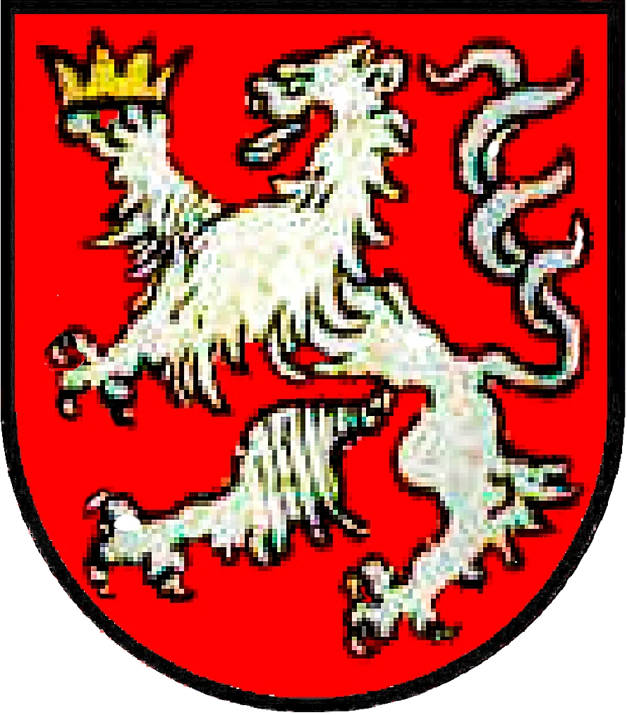 Silver Bohemian lion presenting a crown symbolizing the imperial crown of the Holy Roman Empire presented by the Arch Cupbearer—the King of Bohemia—at imperial coronations.  Restored from hand-drawn Medieval armorials.