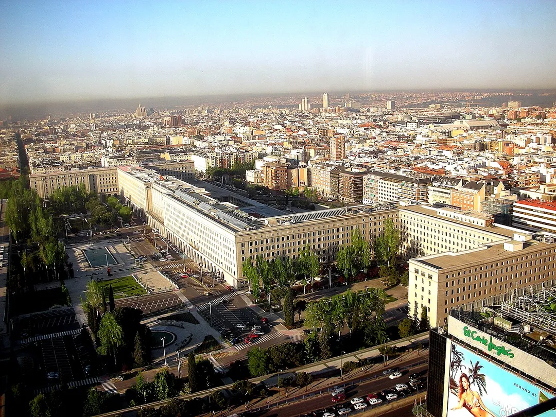 View of Nuevos Ministerios from BBVA Tower in Madrid (Spain).