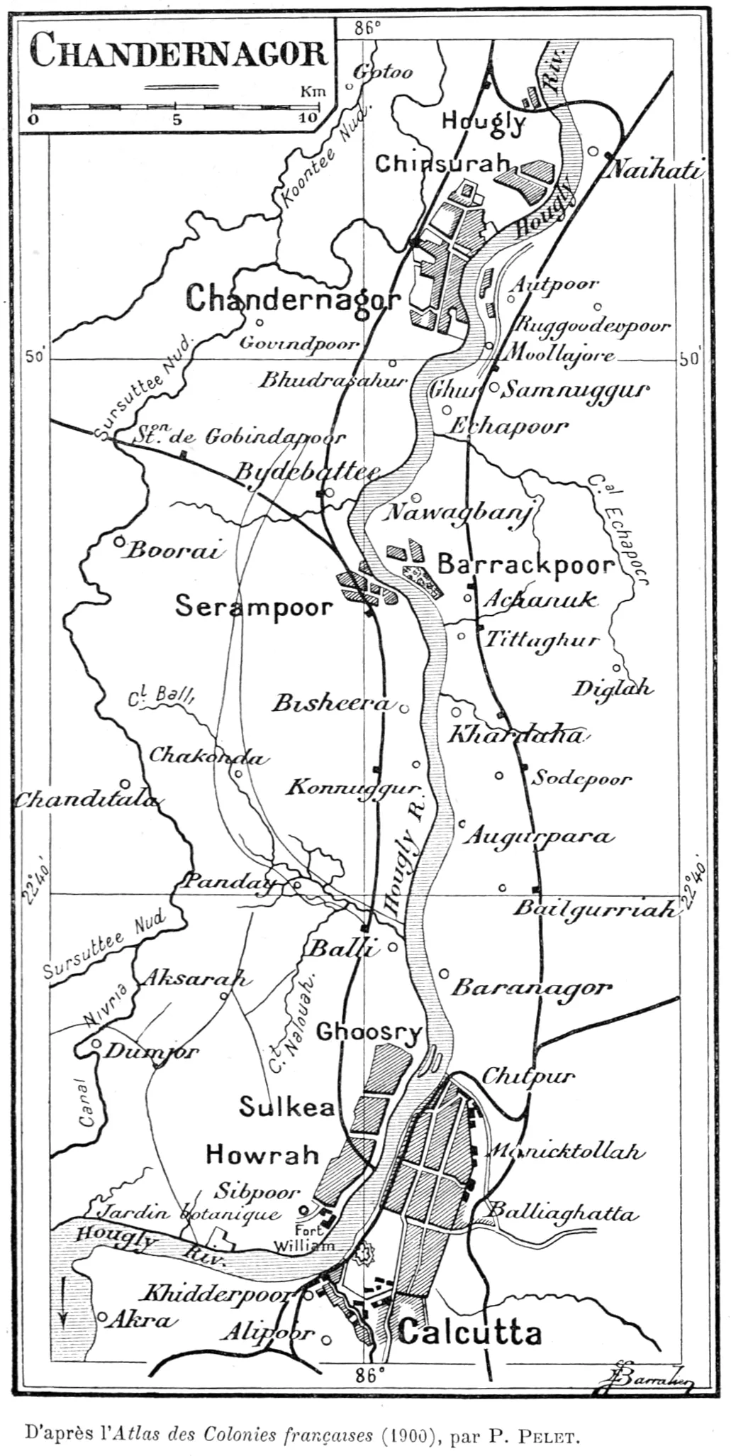 Map of Chandernagor (today Chandernaggar), one of the five settlements of French India, in relation to Calcutta, 1900.