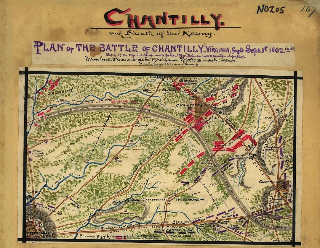 Map of the Battle of Chantilly (also known as the Battle of Ox Hill) on September 1, 1862, depicting events from 5 to 10 PM.