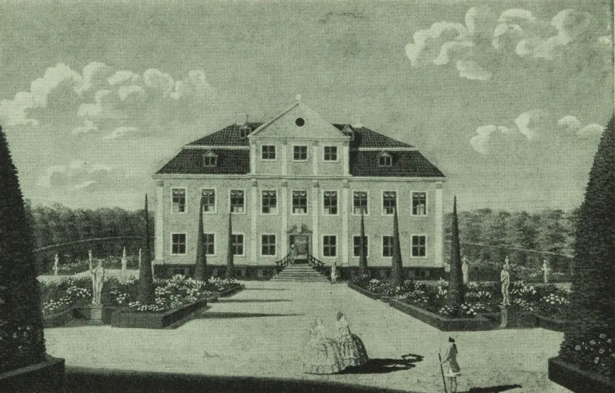 Engraving of Charlottenlund Slot based on painting by Johan Jacob Bruun.