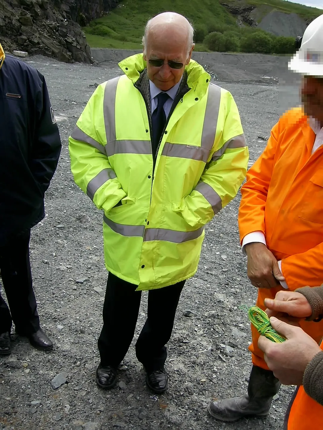Sir Bobby Charlton at an explosives demonstration for his project "There Must Be a Better Way" to find a new method of clearing antipersonnel landmines.