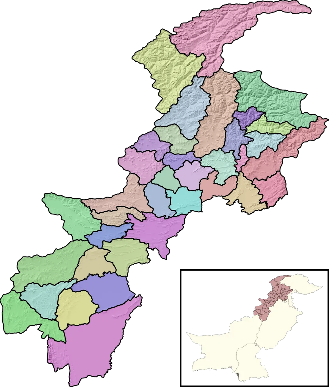 Political locator map of the districts of  Khyber Pakhtunkhwa Province, Pakistan. Terrain data from SRTM (Public Domain), border vectors from USAID (Public Domain)