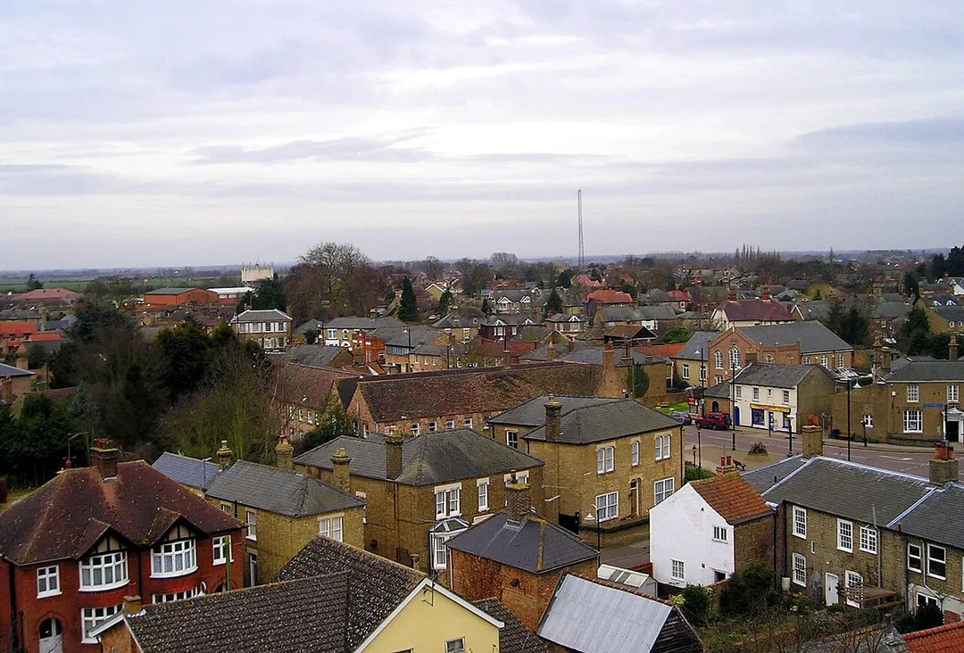 Aerial shot of Chatteris looking down West Park Street towards the Emmanuel Church, water tower and Cromwell School, taken from the top of the church tower, 2006.