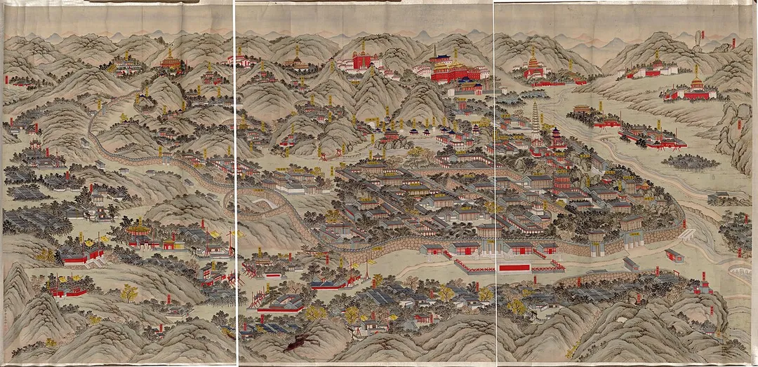 Rehe xing gong quan tu (Map of Rehe Palace).
Perspective map not drawn to scale.
Title supplied.
Pen-and-ink and watercolor.
Oriented with north toward the upper left.
Relief shown pictorially.
Bird's-eye-view.
Shows the plan of the palace ground in Rehe.
Names of points of interest pasted on.

Hummel purchase 1930, no. 31.