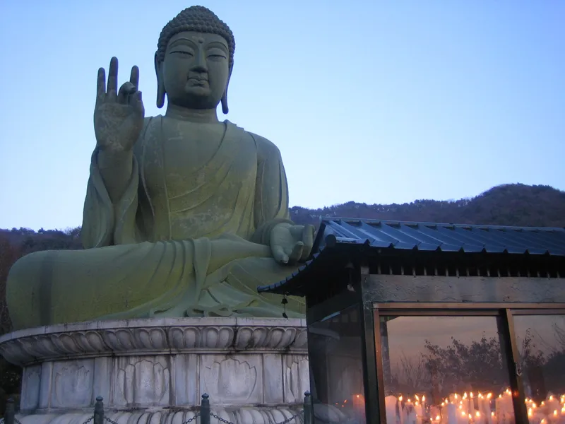 Joabulsang, a bronzed statue of Buddha atop Mt. Taejosan in Cheonan, South Korea.