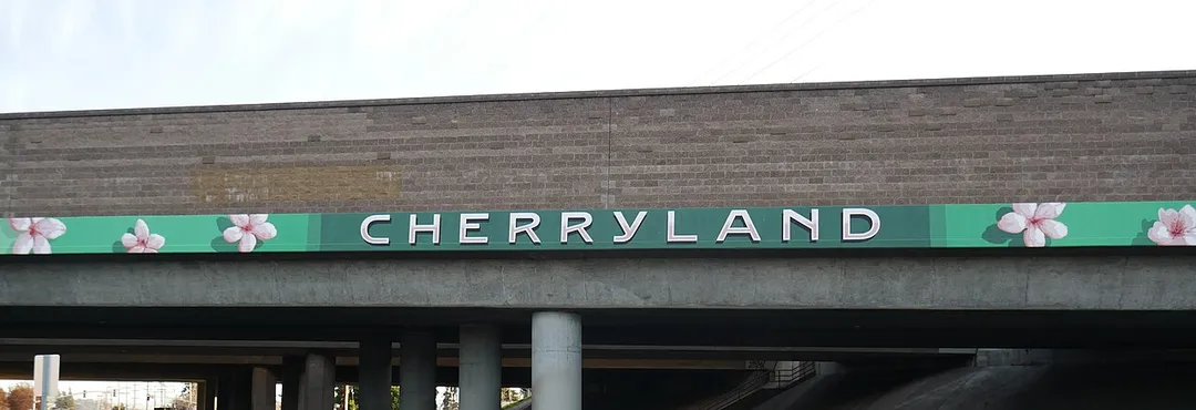Cherryland community identifier mural on Mission Blvd I-238 underpass looking southwards
