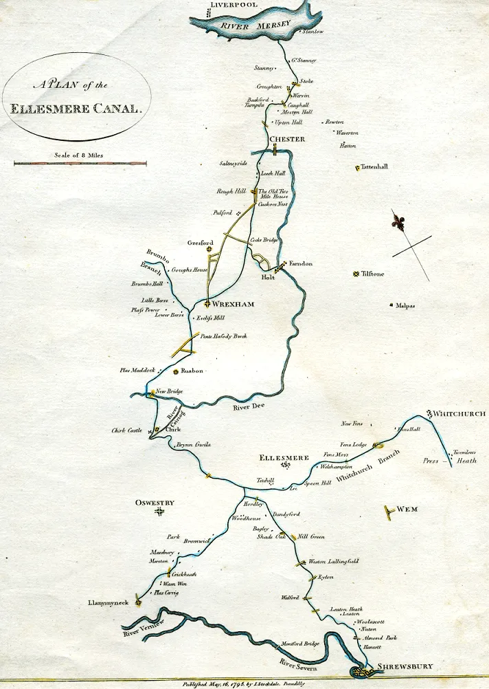 Map of the original proposed route of the Ellesmere canal published in 1795