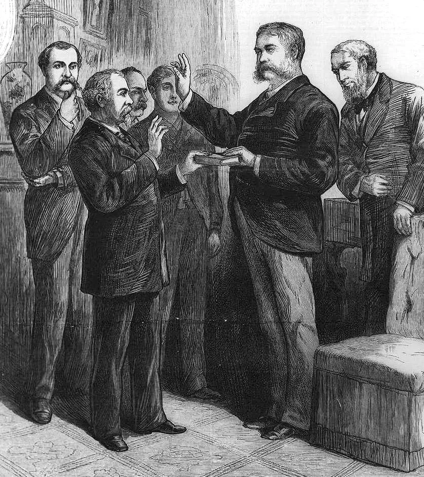 The death of President Garfield--Judge Brady administering the Presidential oath to Vice-President Arthur, at his residence in New York, September 20th. Summary: Justice John R. Brady, Justice of New York State Supreme Court, administering the oath of office to Vice President Arthur in a private ceremony in Arthur's residence at 123 Lexington Avenue, New York.