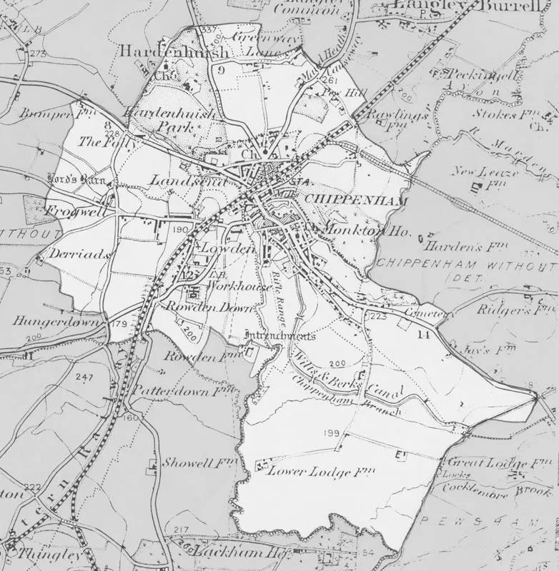 Map of Chippenham from the Ordnance Survey 1896 revision of the one inch to one mile map. The modern parish boundary has been superimposed.