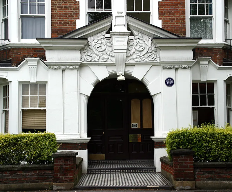 Entrance to Flats 1-10 of Arlington Park Mansions, Chiswick, London. Flat number 9 was the London home of E. M. Forster from 1939 to at least 1961.