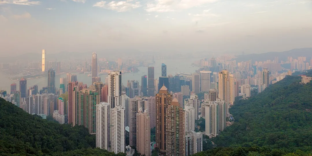 View of the Hong Kong city from the Victoria peak in the evening.