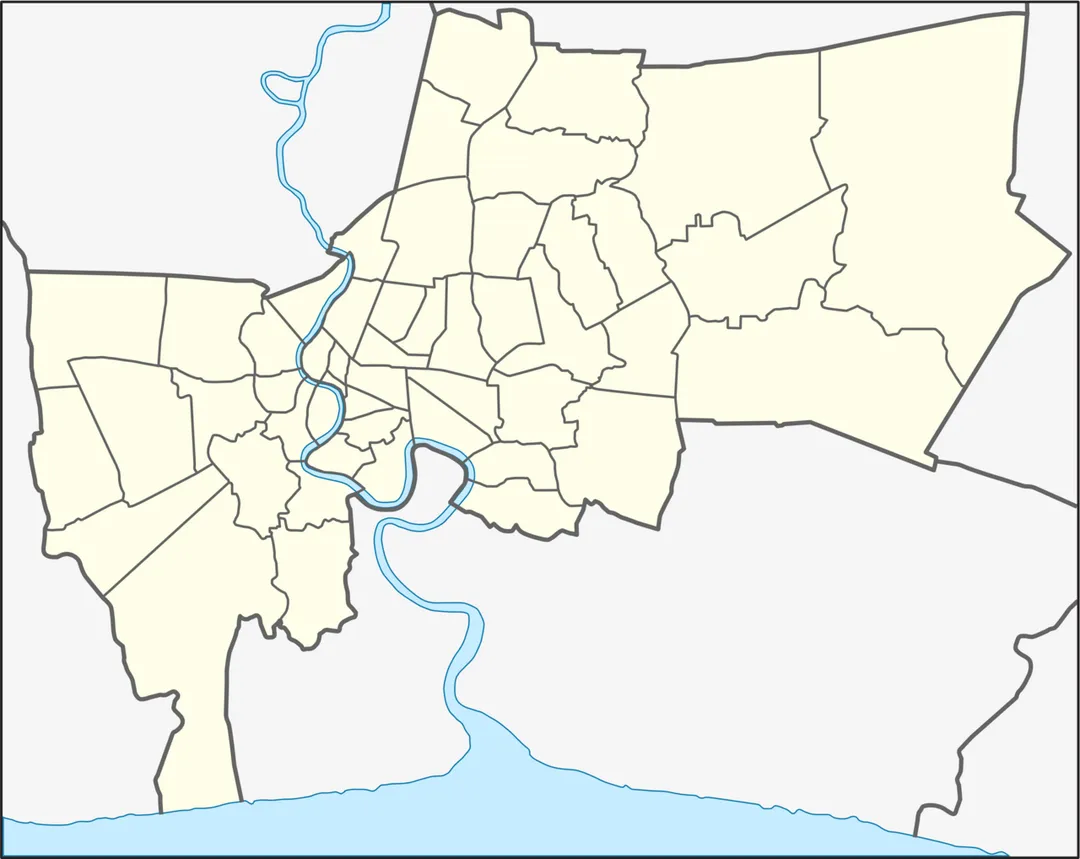 Location map of Bangkok; Geographic limits of the map:
N: 13.9611° N
S: 13.4658° N
W: 100.3153° E
E: 100.9417° E