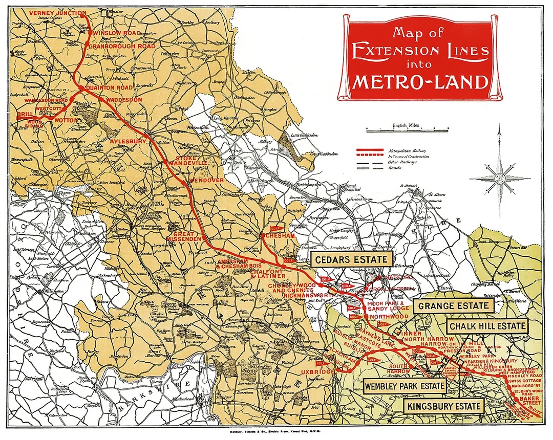 Map of "Metro-Land" and extension lines, published by the Metropolitan Railway in 1924.