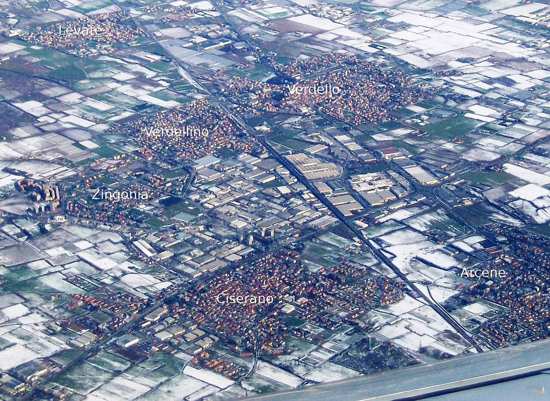 Visuale aerea di Zingonia con indicazione dei paesi