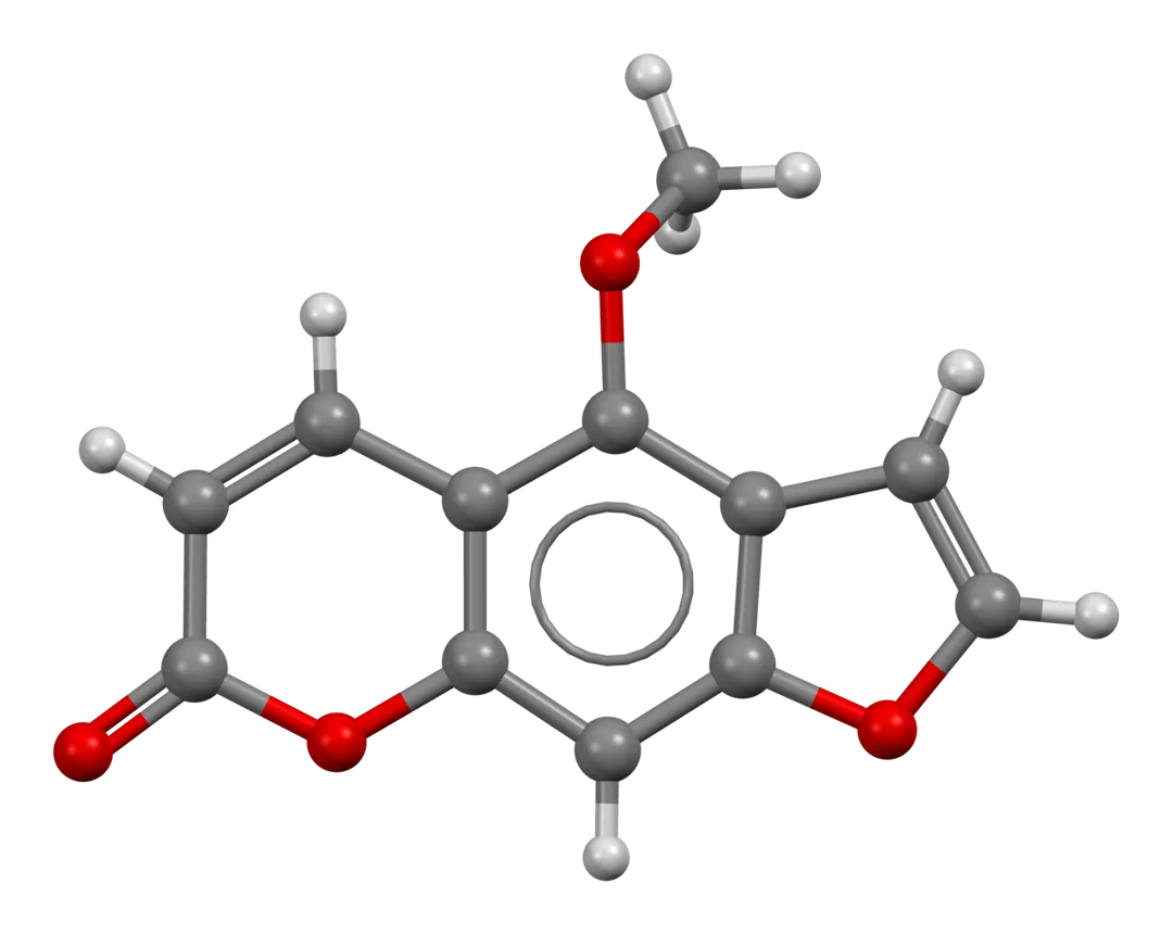 Ball-and-stick model of a bergapten molecule, C12H8O$. This model is based on the crystal structures reported in Acta Cryst. E (2016) 72, 1194-1196 and CSD entry ARARIW.
Colour code:

  Carbon, C: grey
  Hydrogen, H: white
  Oxygen, O: red
Model manipulated in Avogadro 1.2 and image generated in CCDC Mercury 3.8.