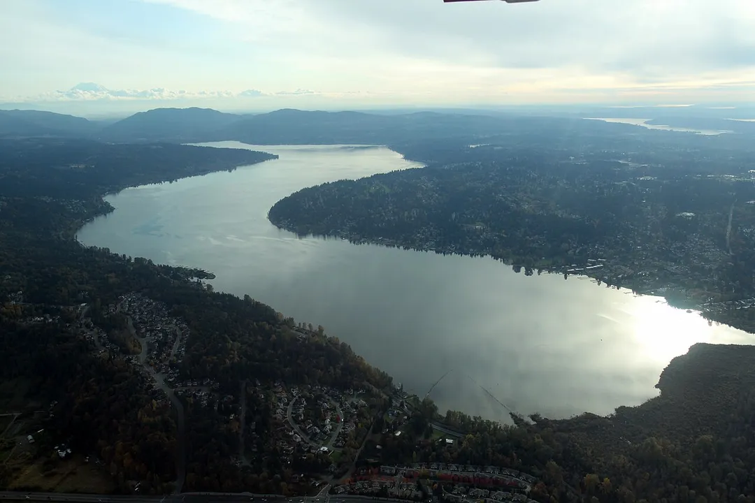 An aerial view of Lake Sammamish from its north end, looking south.