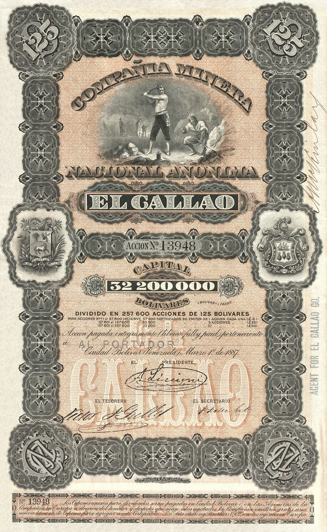 125 Bolivares share certificate, issued by the mining company Compañia Minera El Callao on 1. March 1887 in Ciudad Bolívar (Venezuela).
Graphic design with underground mining scene, richly ornamented with coats of arms and monograms of the society.