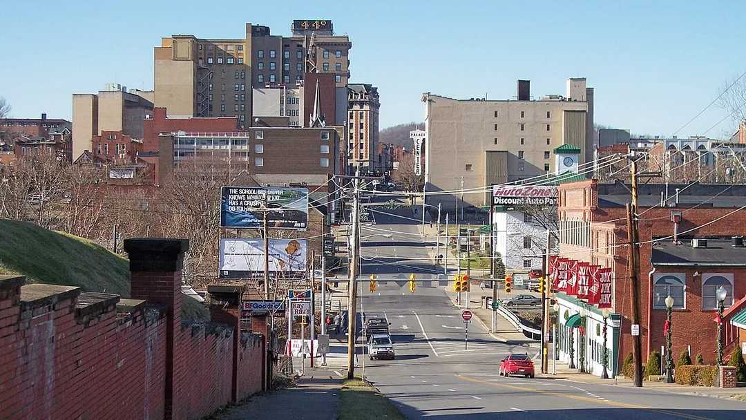 w:Clarksburg, West Virginia as viewed from the east on Main Street