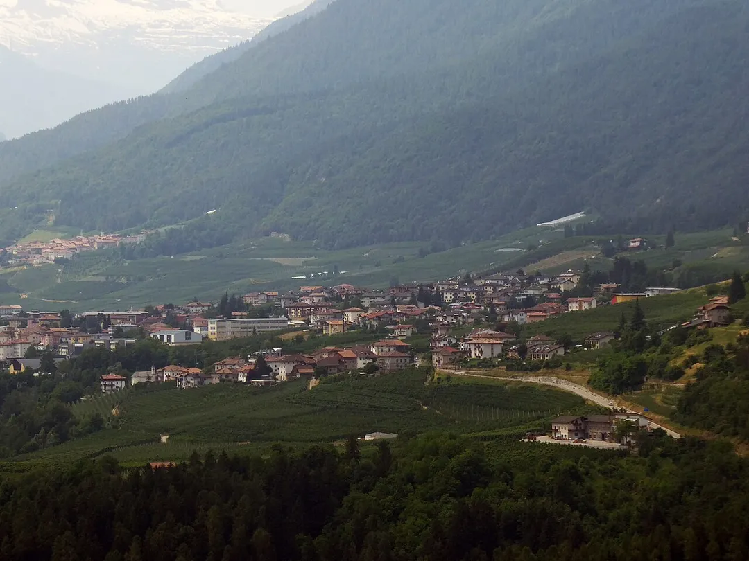 Cles as seen from SS42 between Cagnò and Revò (Trentino, Italy)