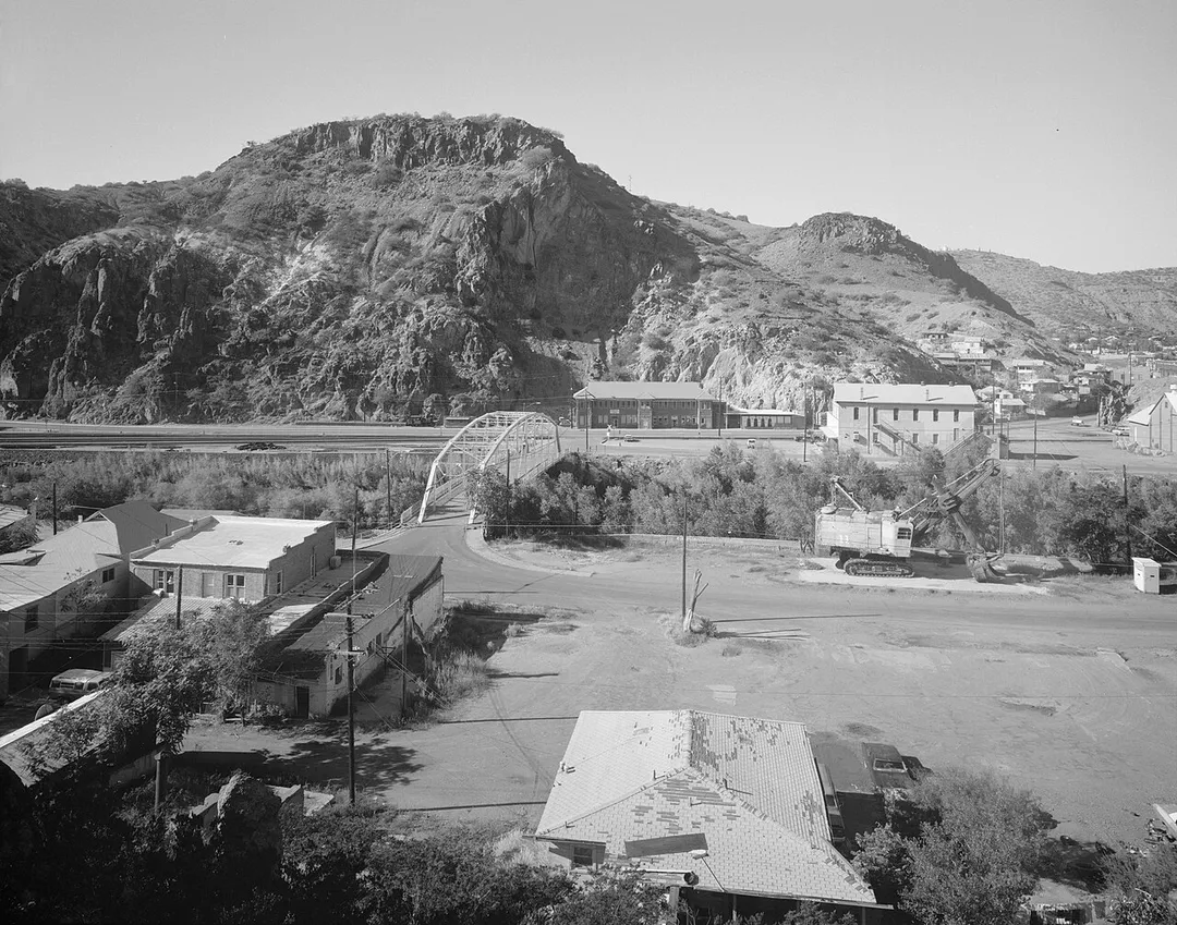 Buildings in the Clifton Townsite Historic District of the town of Clifton, located at the confluence of Chase Creek and the San Francisco River in Greenlee County, Arizona, United States.  Visible in the middle of the picture is the Park Avenue Bridge.  Both the district and the bridge are listed on the National Register of Historic Places.