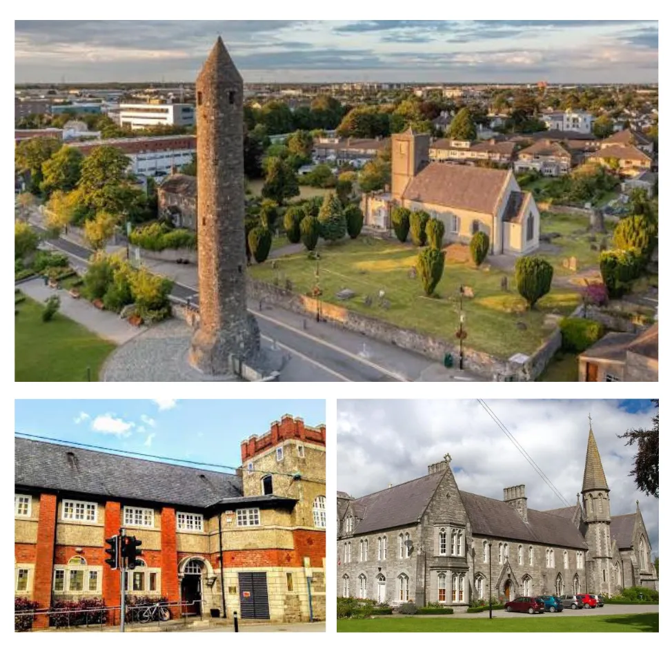 Clockwise from top: Clondalkin Round Tower; Presentation Convent; Clondalkin Library.
