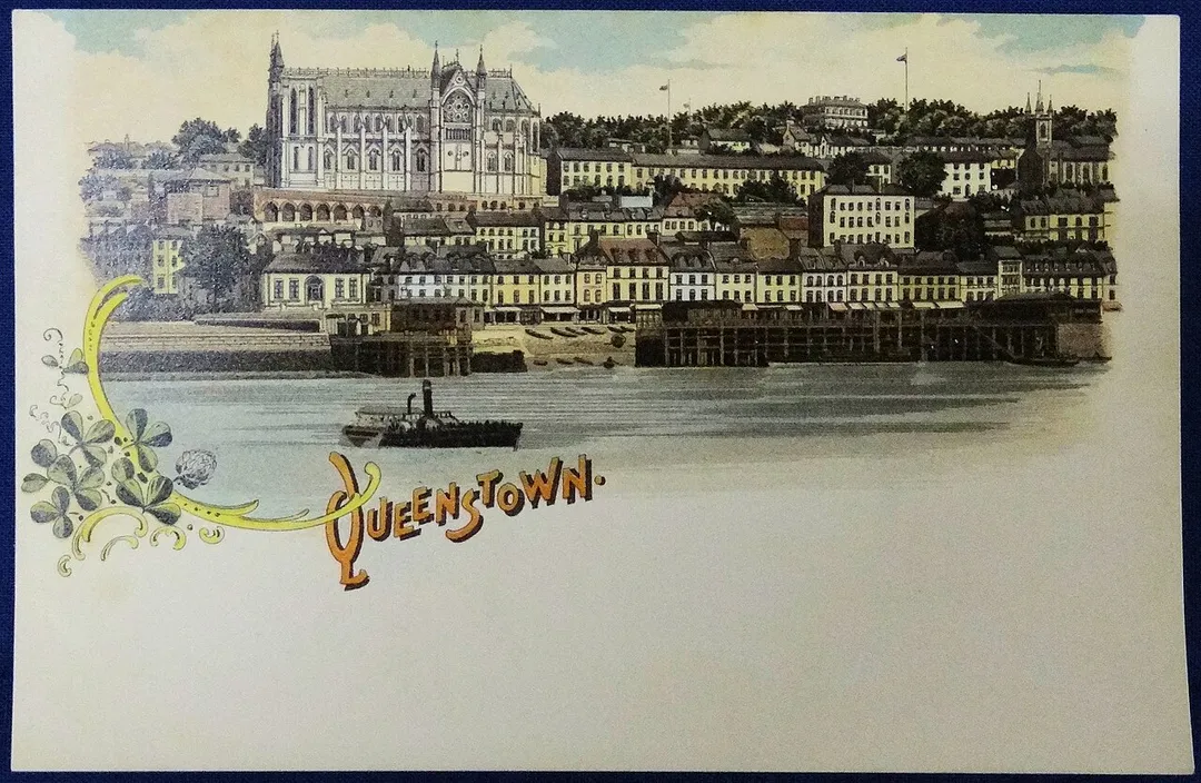 An old postcard showing the waterfront of Cobh, or Queenstown as it was known as between 1850 and 1922. The construction of Cobh Cathedral began in 1867, so this postcard is from sometime between 1867 and when the spire of the cathedral was erected.